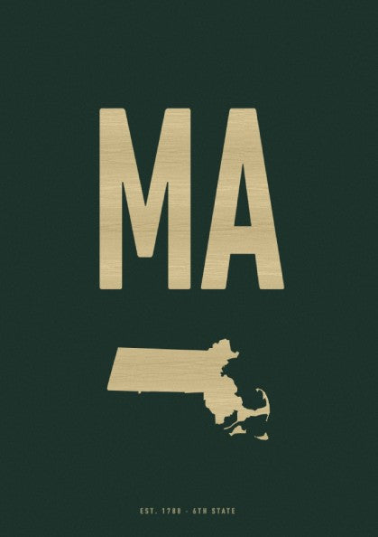 USA states poster featuring Massachusetts in forest green and gold, minimalist design