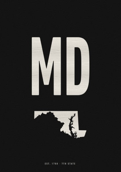 Maryland poster featuring state silhouette in minimalist design with midnight colors