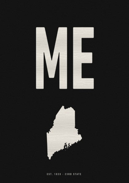 Maine USA states poster with minimalist design, black background and white outline, perfect for wall decor.