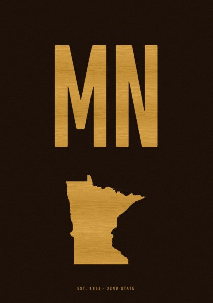 USA states poster featuring Minnesota outline in sepia tones against a brown background