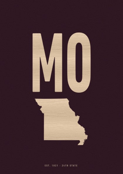 MO state poster featuring burgundy colors and minimalist design, perfect for home decor.