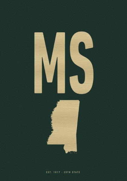 USA states poster featuring Mississippi in gold and green colors, modern design for home decor