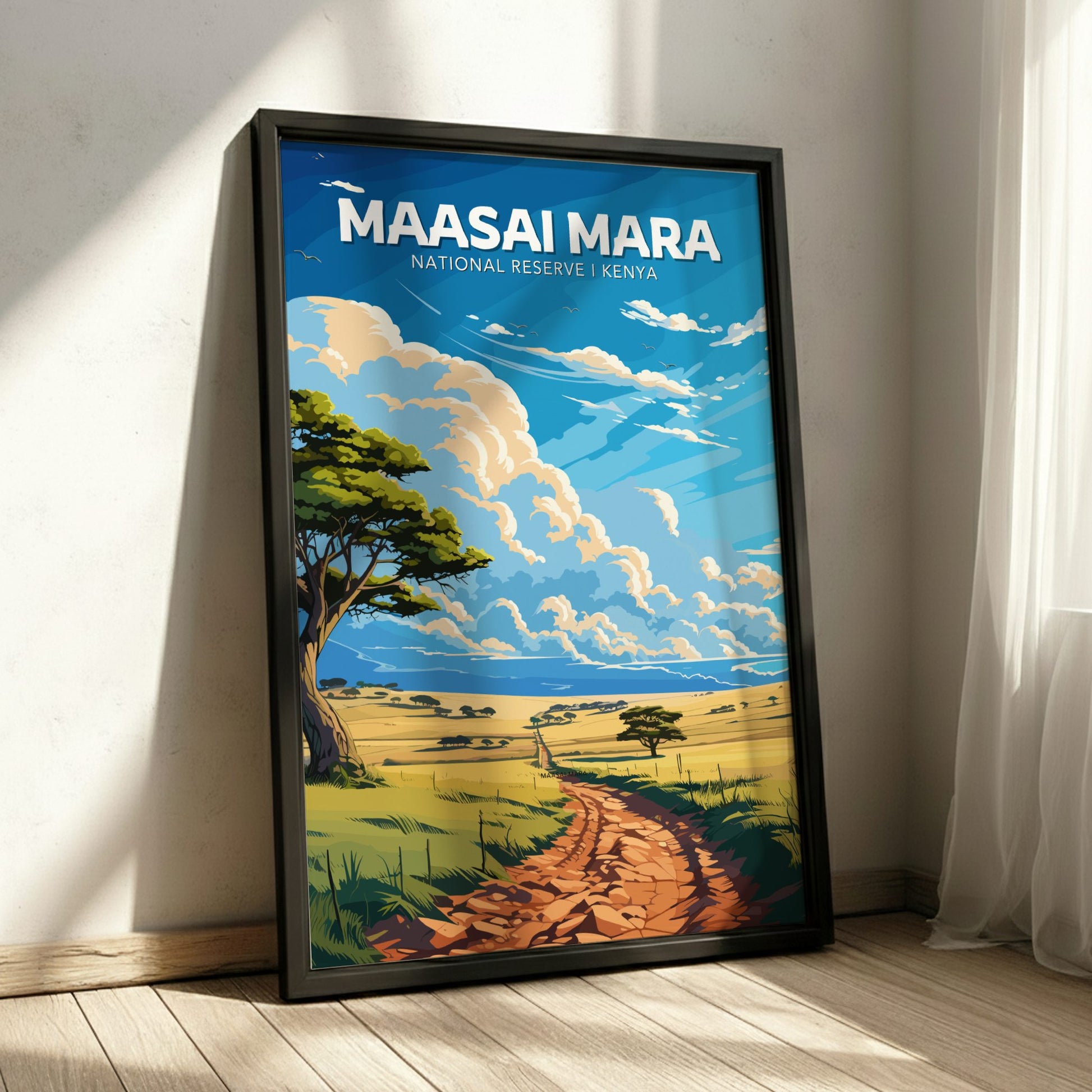 Framed poster of Maasai Mara National Reserve, Kenya on a wall.