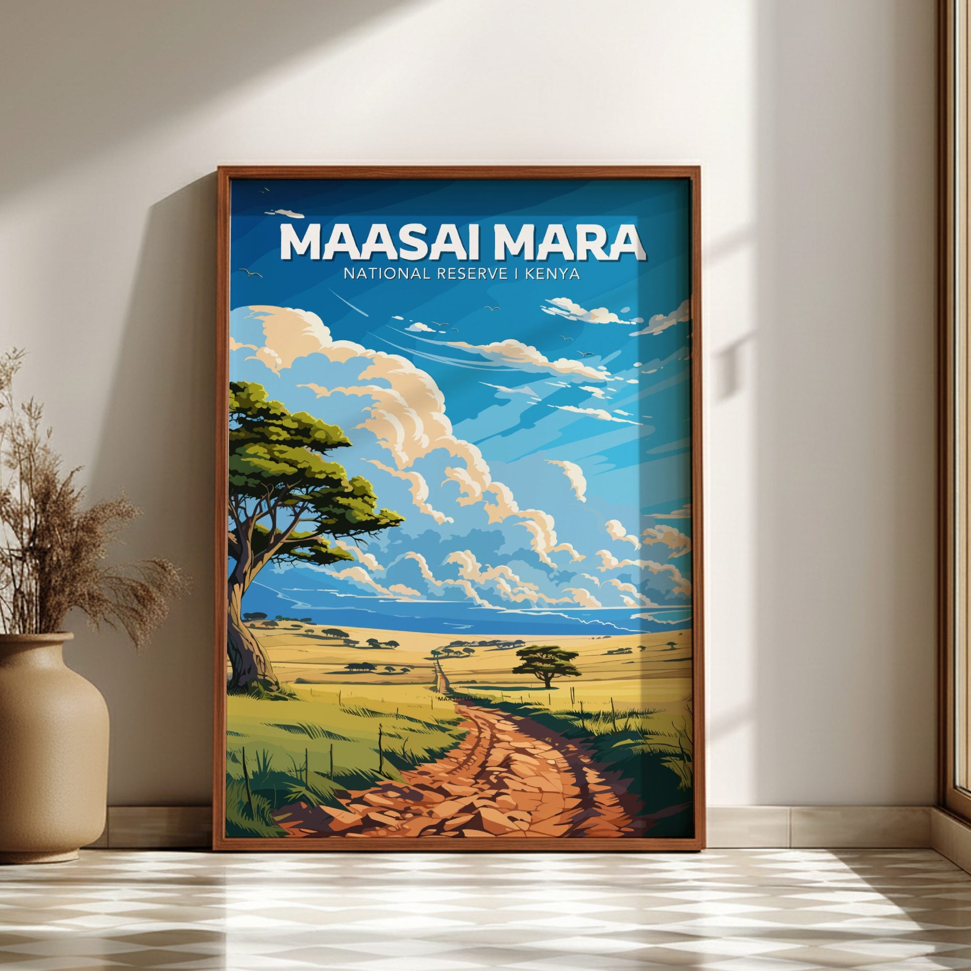 Framed poster of Maasai Mara National Reserve, Kenya on a wall.