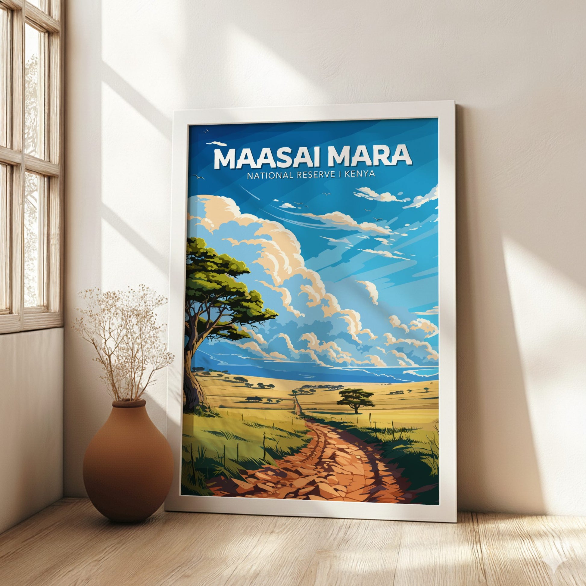 Framed poster of Maasai Mara National Reserve, Kenya in a room with a vase and window.