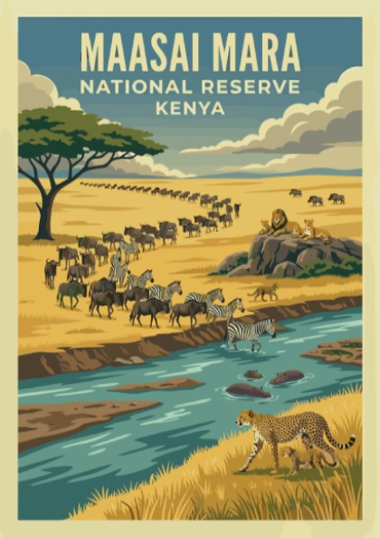 Maasai Mara poster featuring wildlife, warm colors, and nature scene