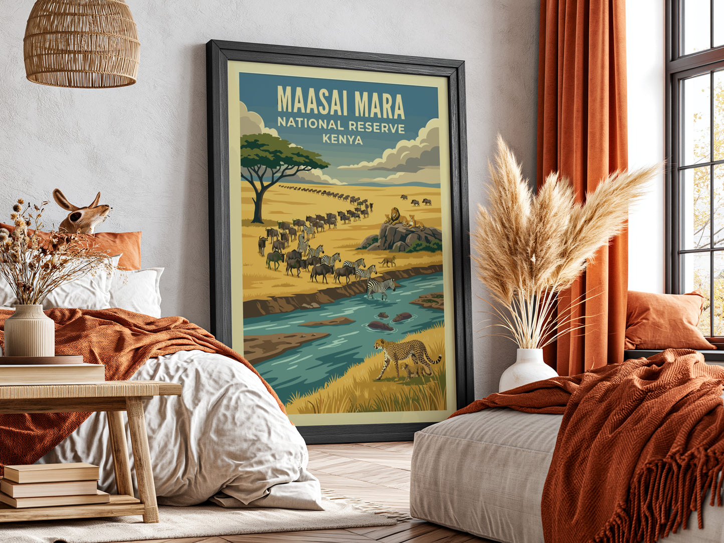 Maasai Mara poster featuring wildlife, warm colors, and nature scene