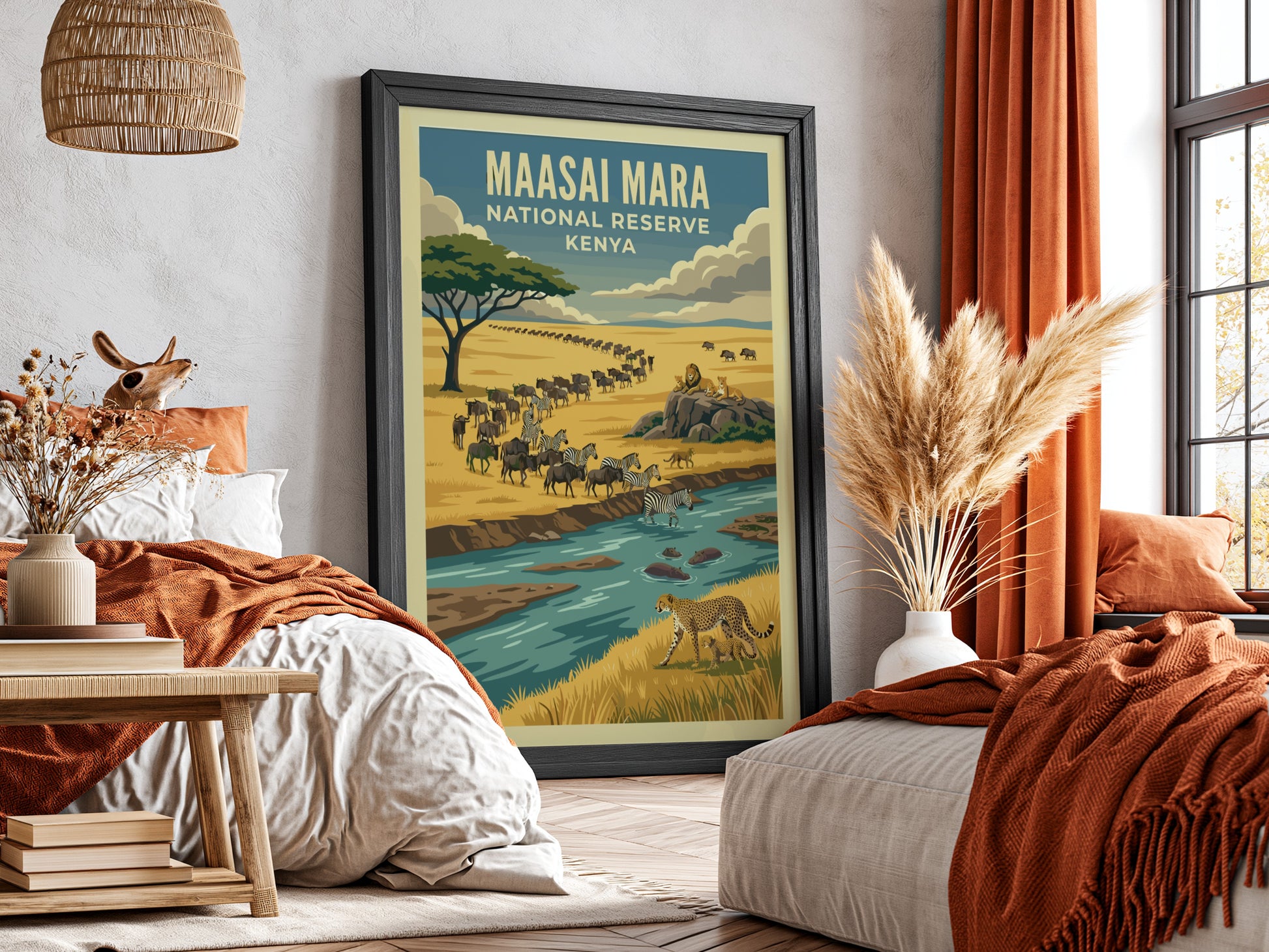 Maasai Mara poster featuring wildlife, warm colors, and nature scene