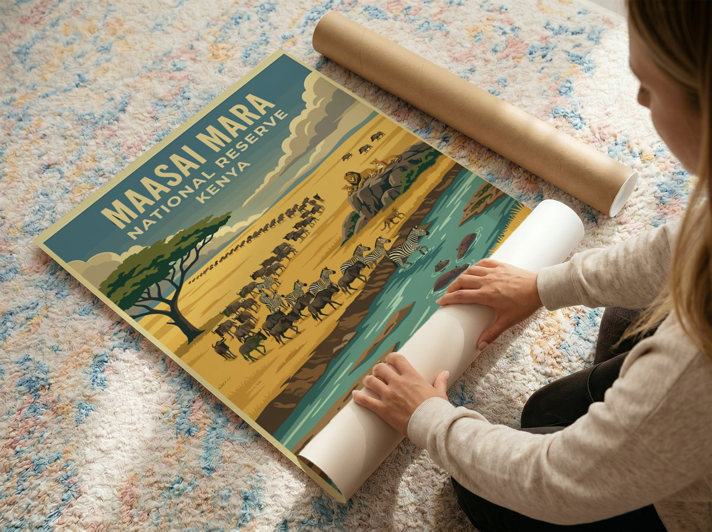 Maasai Mara poster featuring wildlife, warm colors, and nature scene
