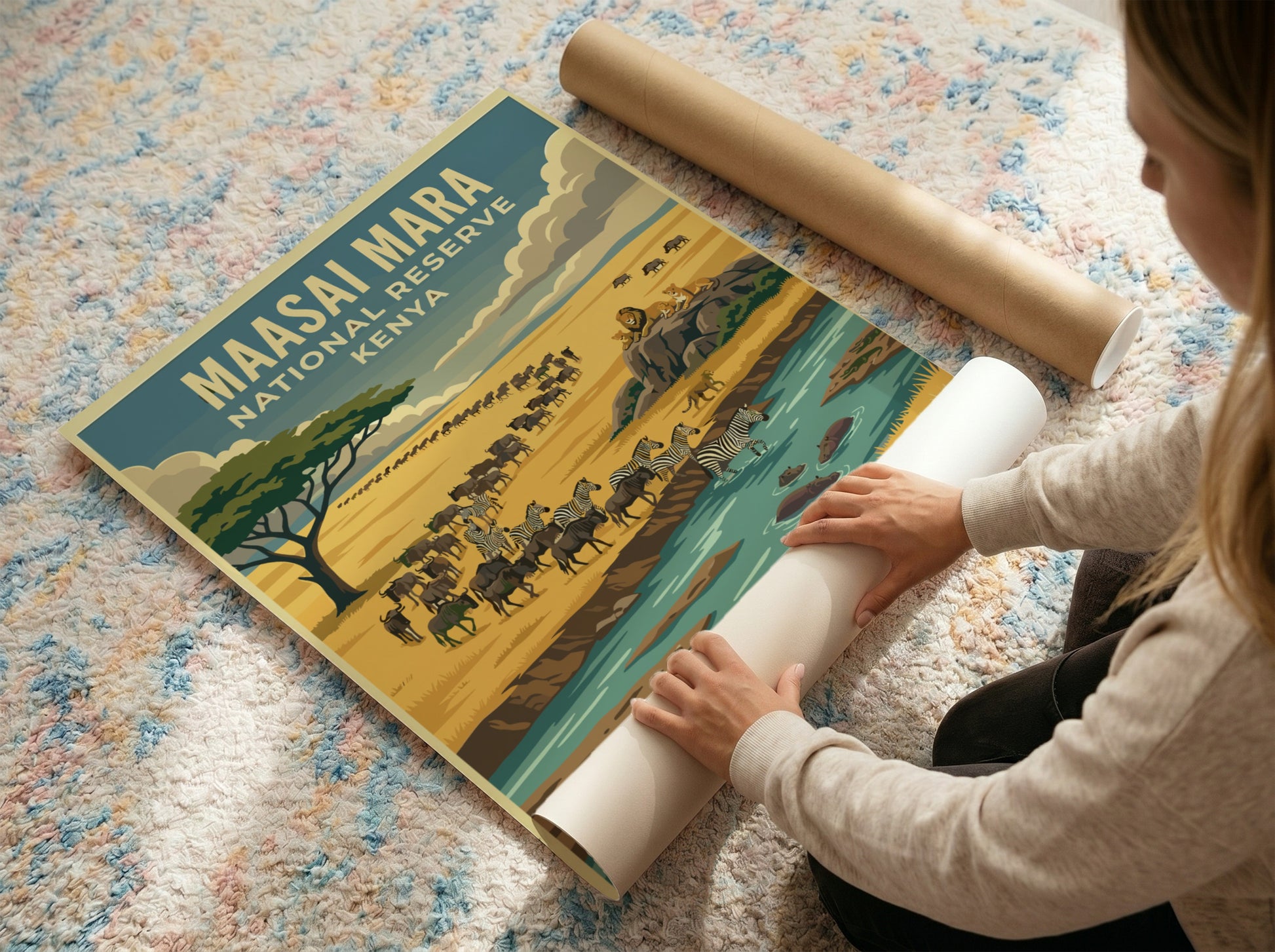 Maasai Mara poster featuring wildlife, warm colors, and nature scene