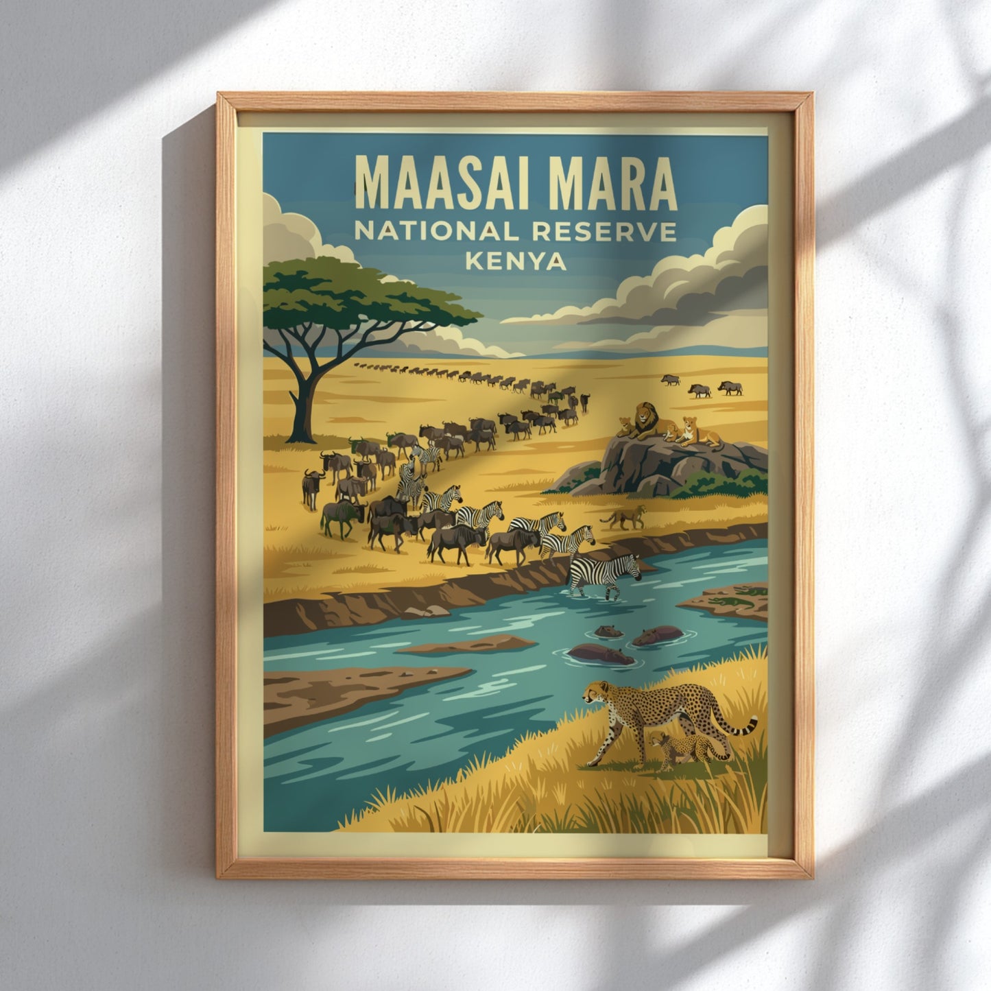 Maasai Mara poster featuring wildlife, warm colors, and nature scene
