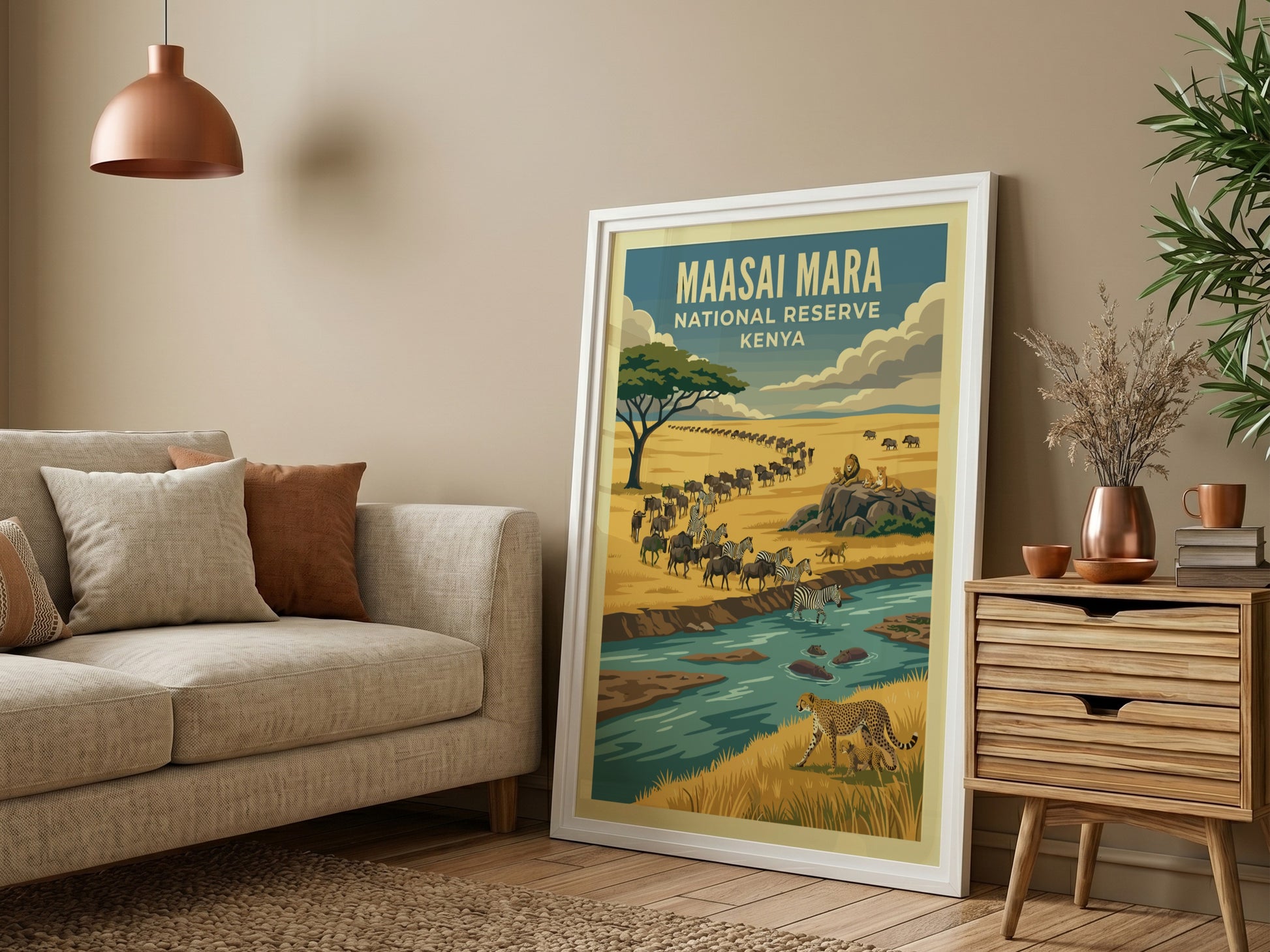 Maasai Mara poster featuring wildlife, warm colors, and nature scene
