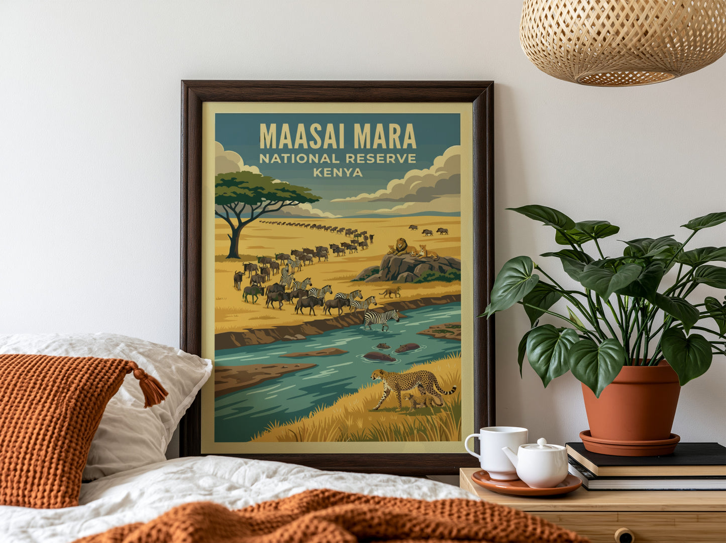 Maasai Mara poster featuring wildlife, warm colors, and nature scene