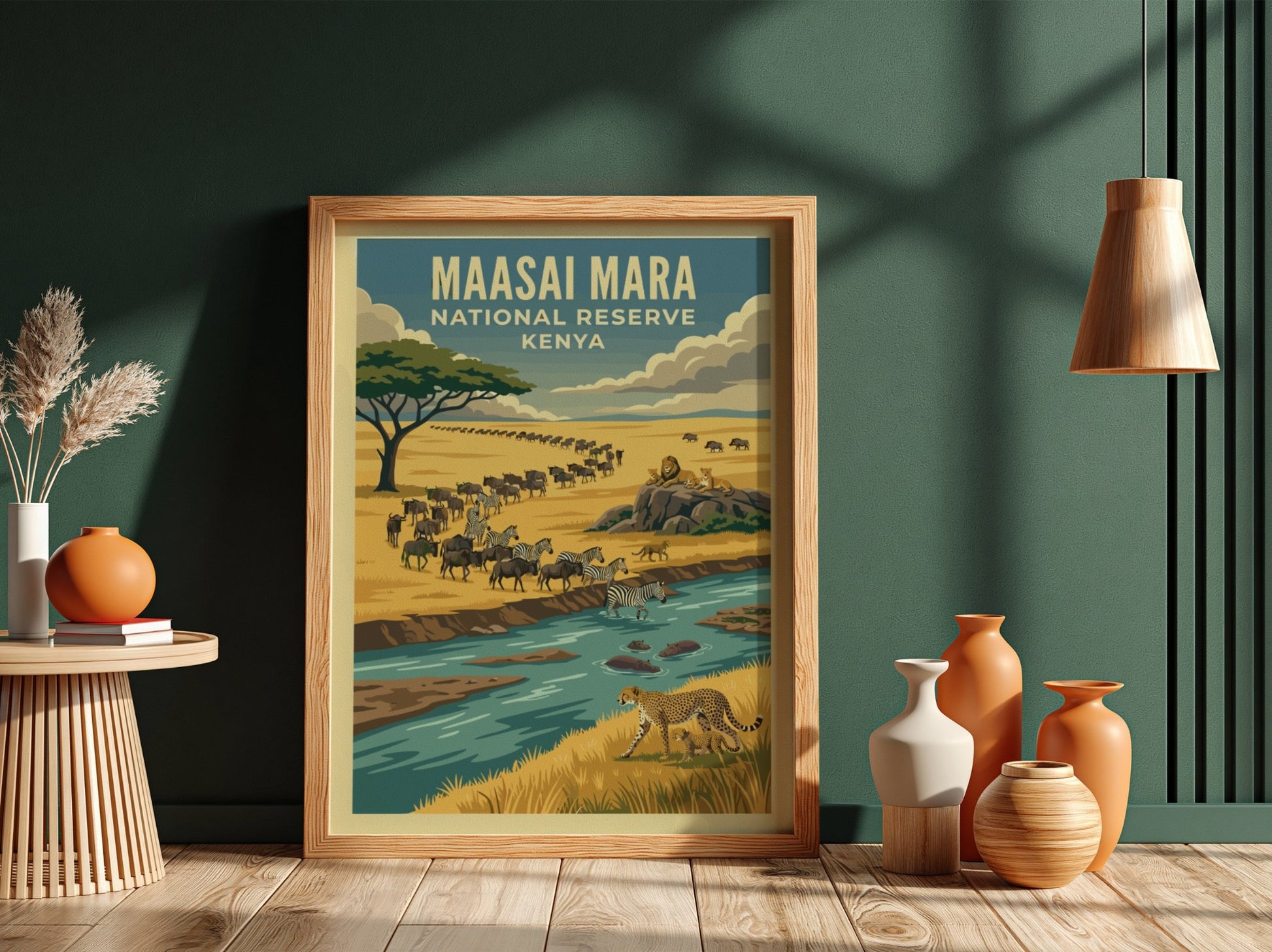 Maasai Mara poster featuring wildlife, warm colors, and nature scene