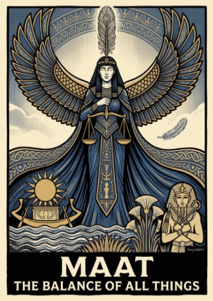 Poster featuring the Egyptian goddess Maat with wings, scales, and golden pharaonic imagery.