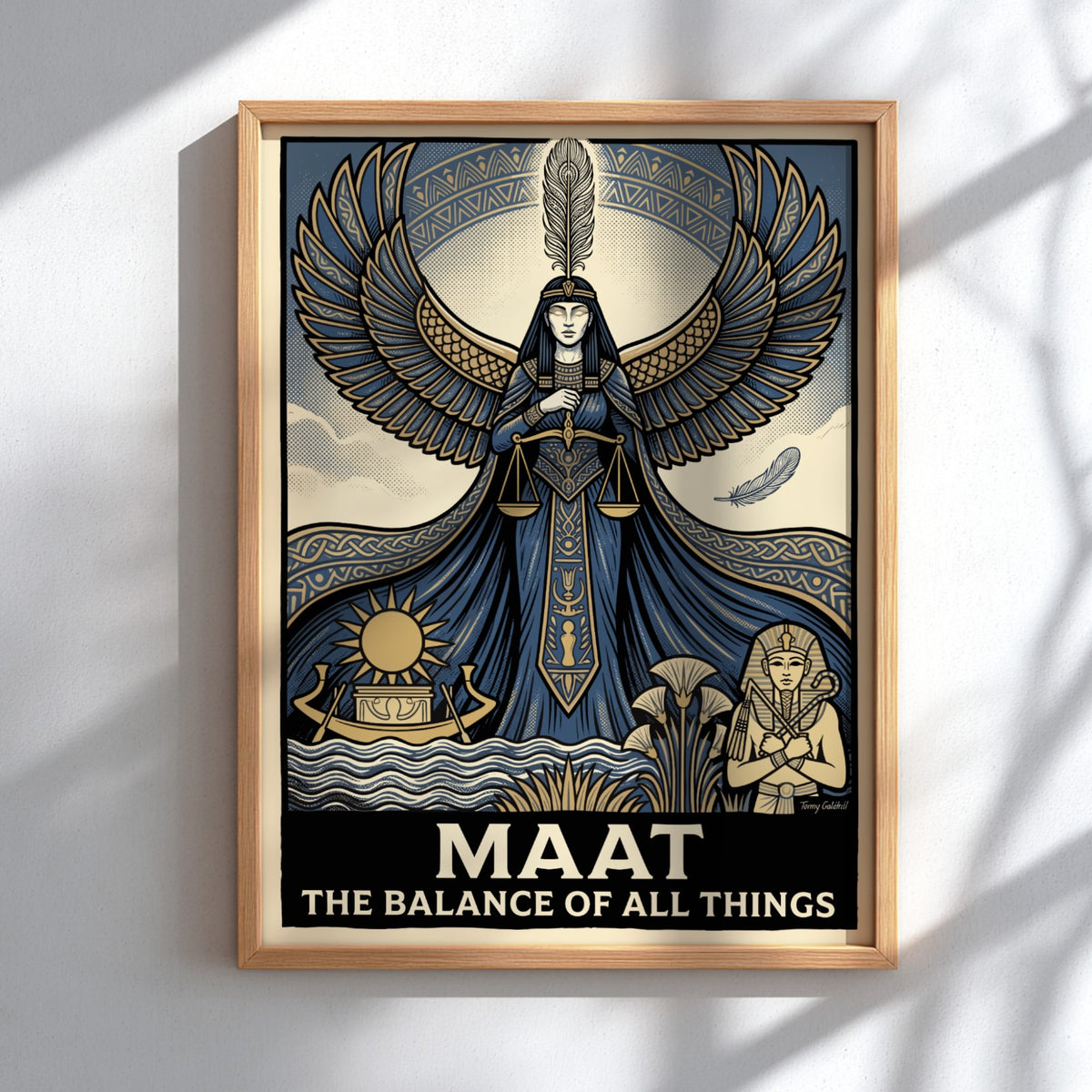 Poster featuring the Egyptian goddess Maat with wings, scales, and golden pharaonic imagery.