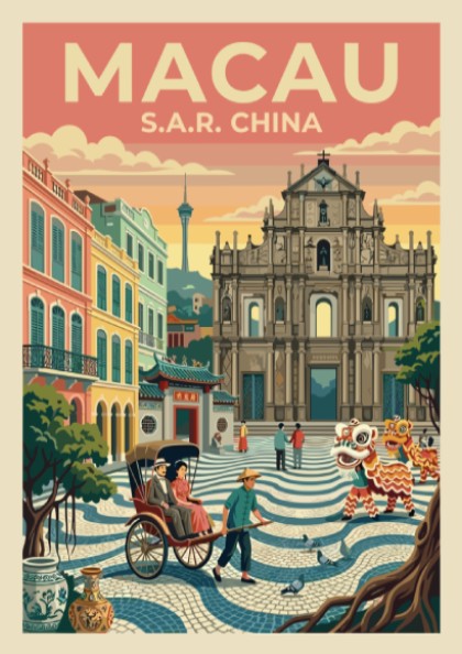 Travel poster featuring Macau cityscape with warm colors and vintage style