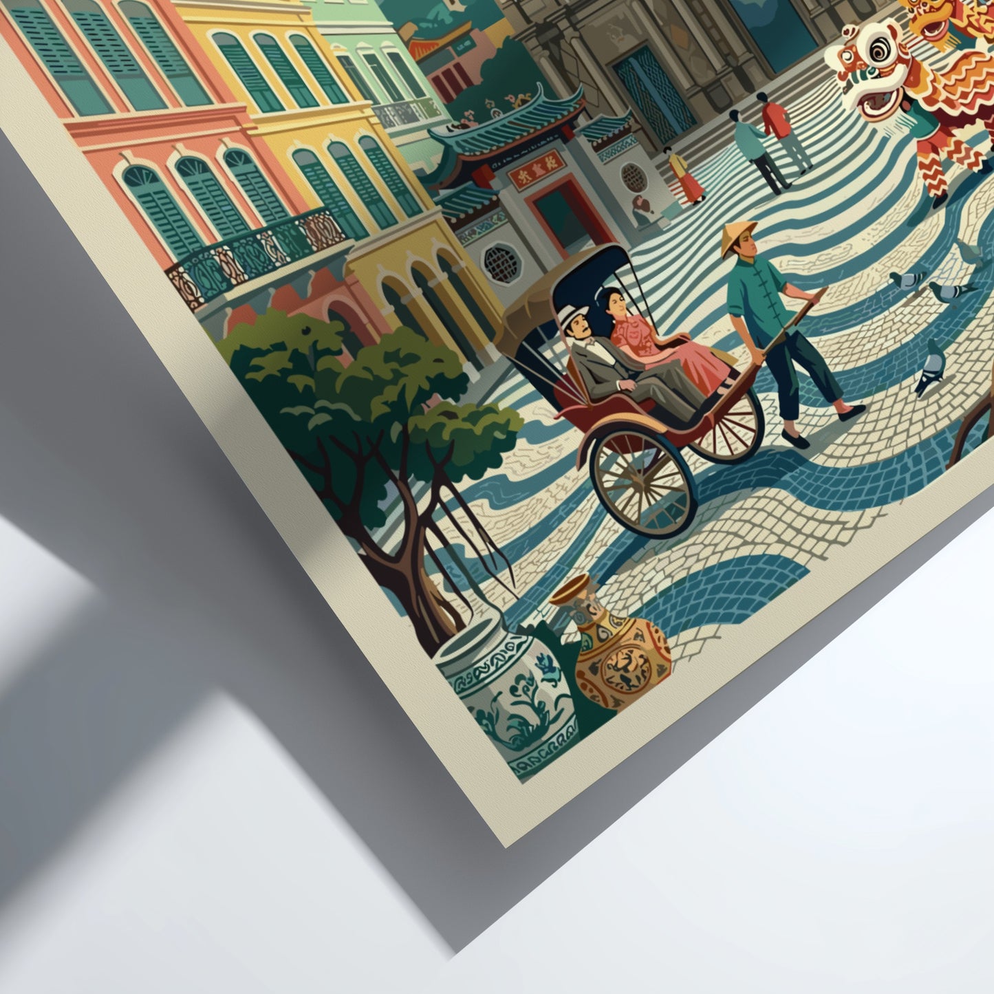Travel poster featuring Macau cityscape with warm colors and vintage style