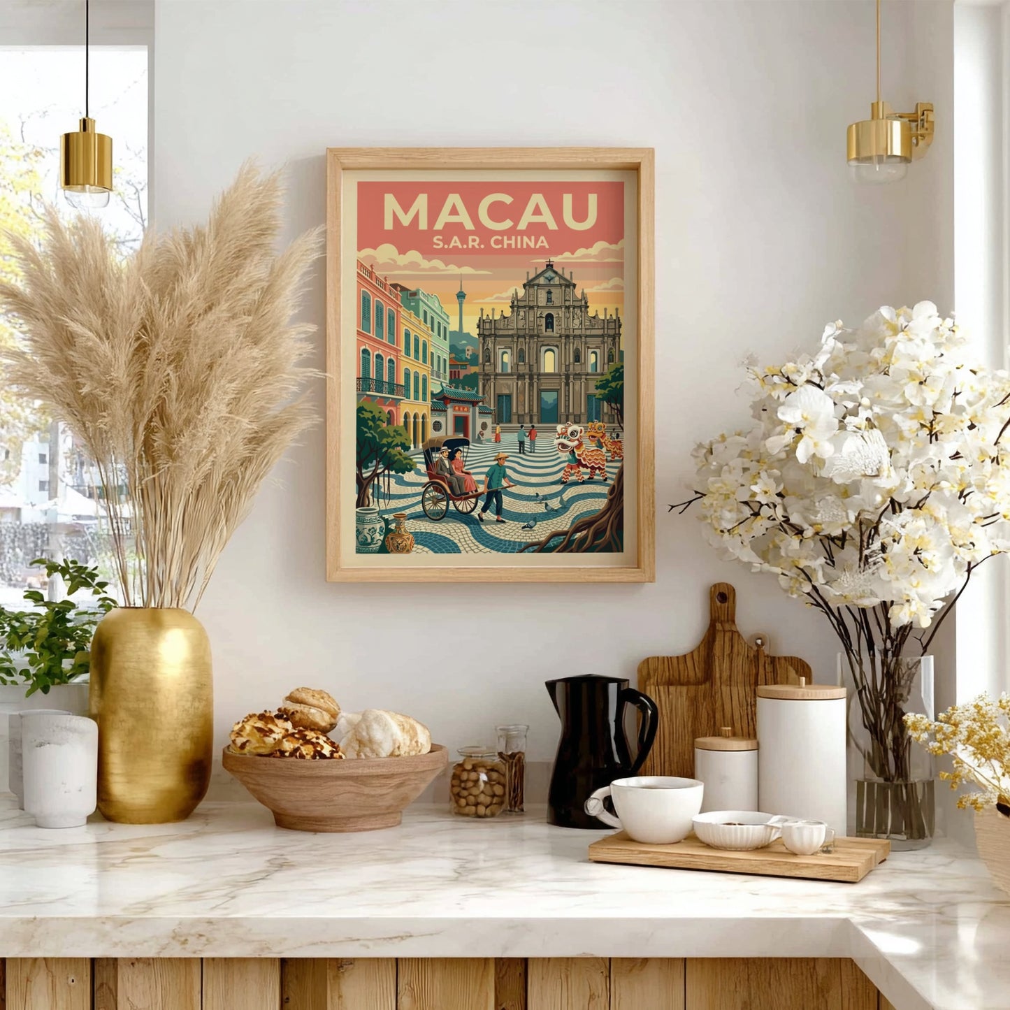 Travel poster featuring Macau cityscape with warm colors and vintage style