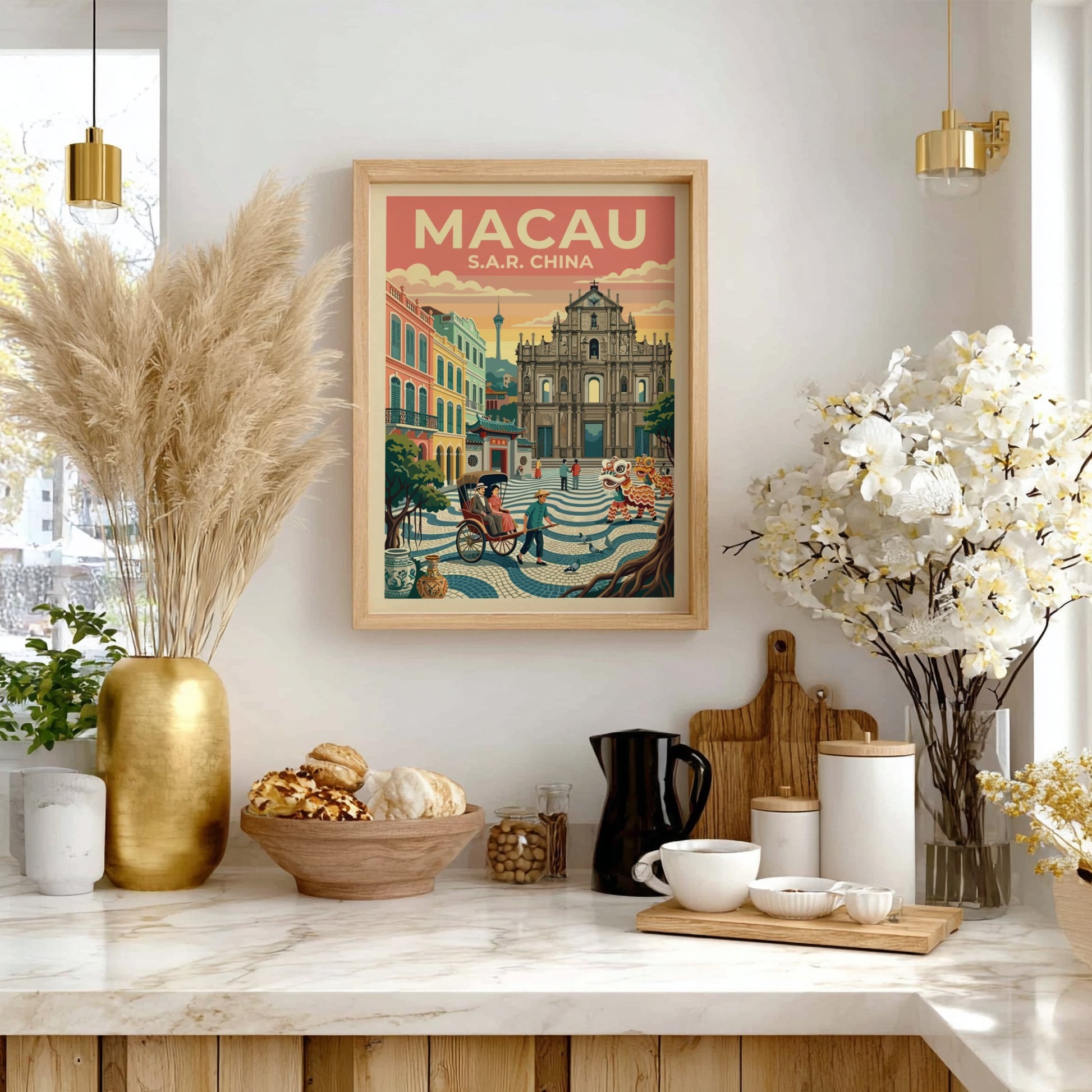 Travel poster featuring Macau cityscape with warm colors and vintage style