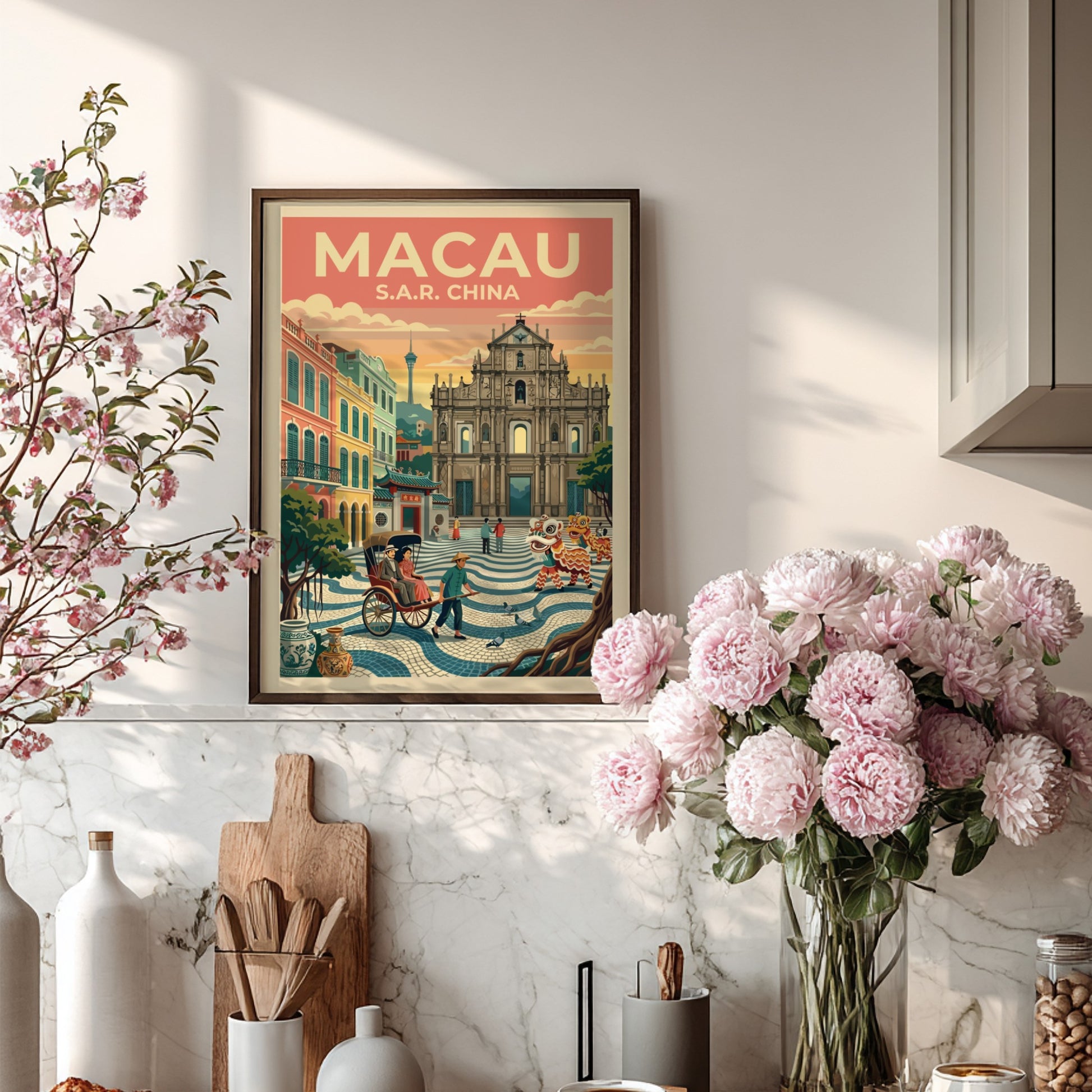 Travel poster featuring Macau cityscape with warm colors and vintage style