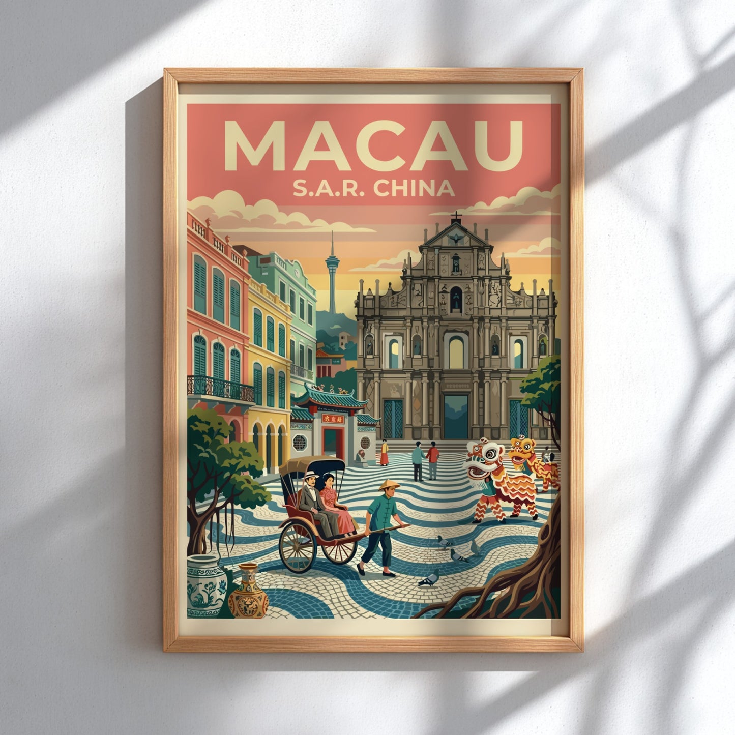 Travel poster featuring Macau cityscape with warm colors and vintage style