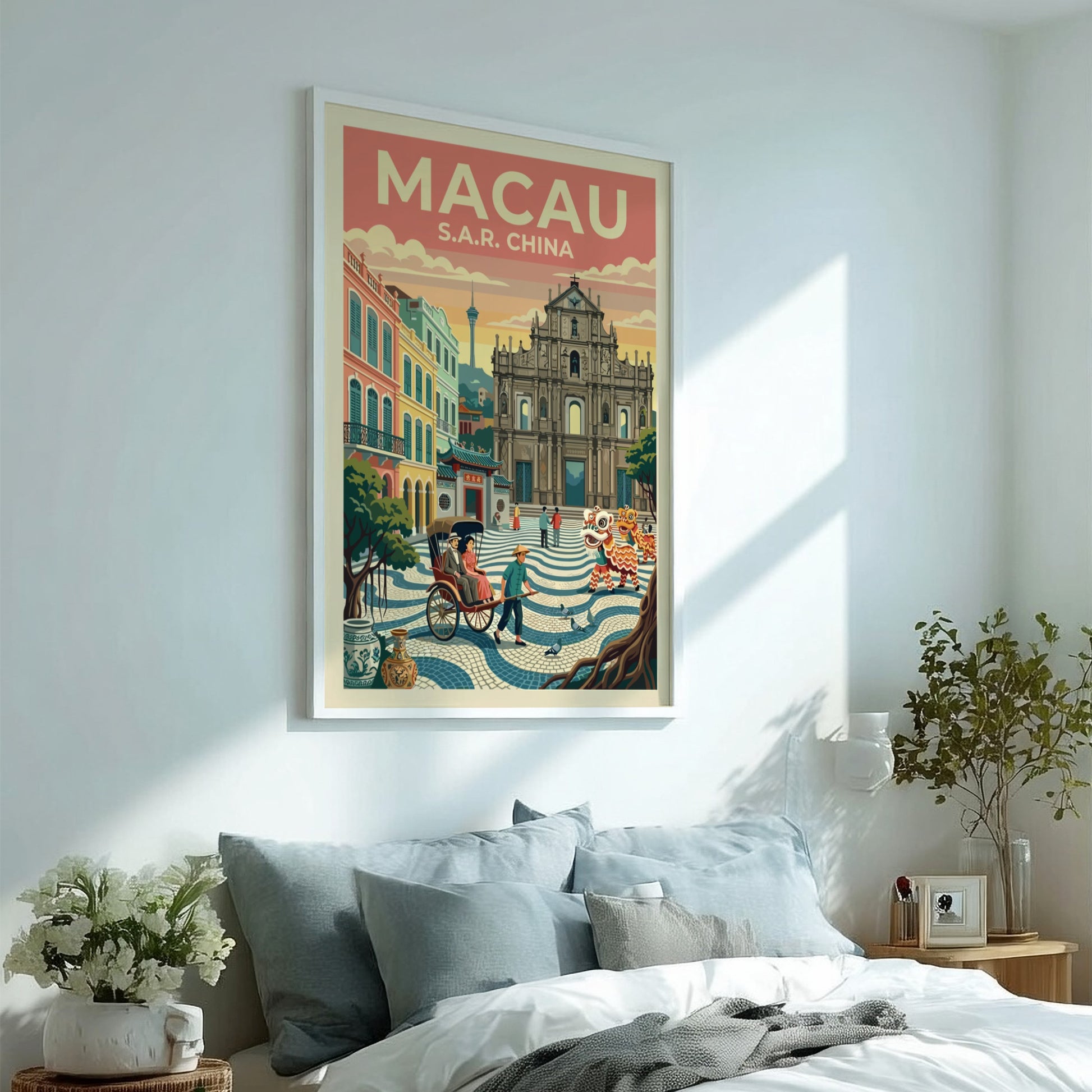 Travel poster featuring Macau cityscape with warm colors and vintage style