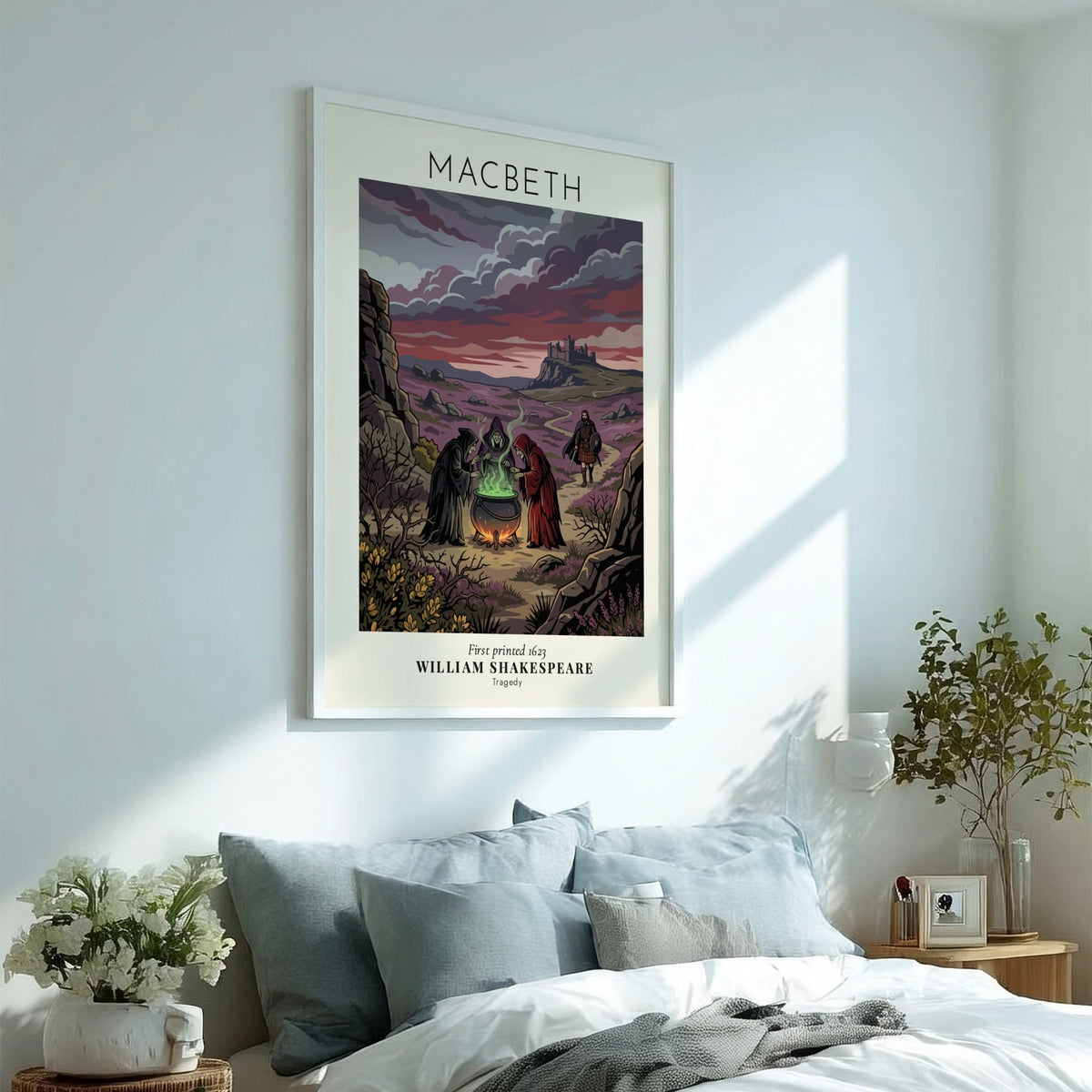 Poster featuring three witches brewing a cauldron in a dark, purple, moody landscape.