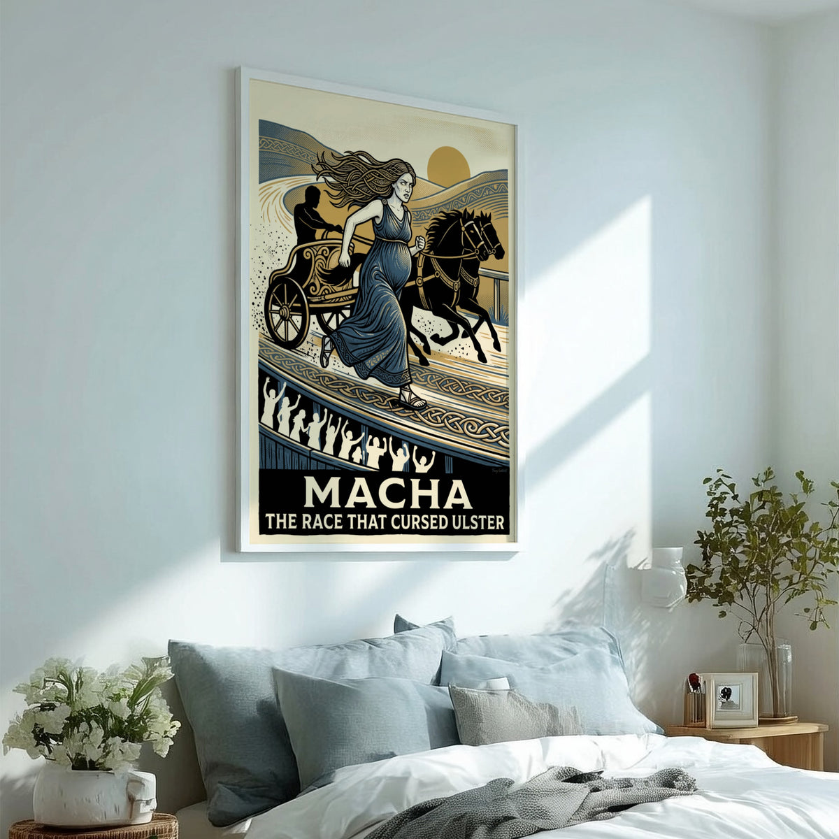 Poster featuring Macha running beside a chariot with black horses in Celtic style