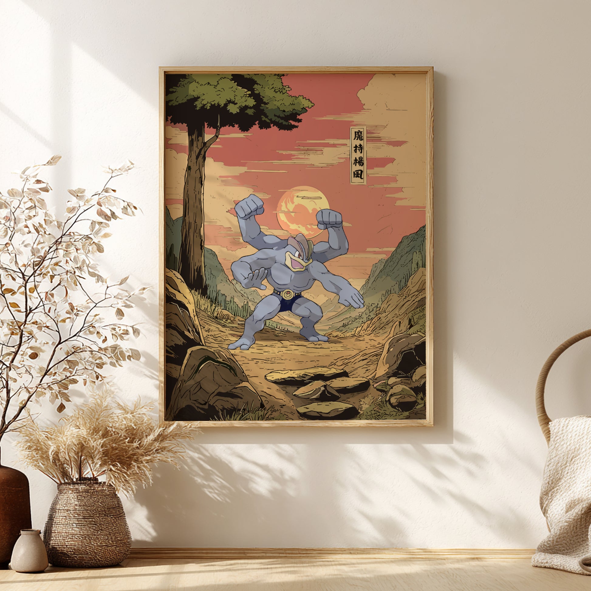 Framed artwork of Machamp Pokémon in a natural setting on a wall with decorative elements.