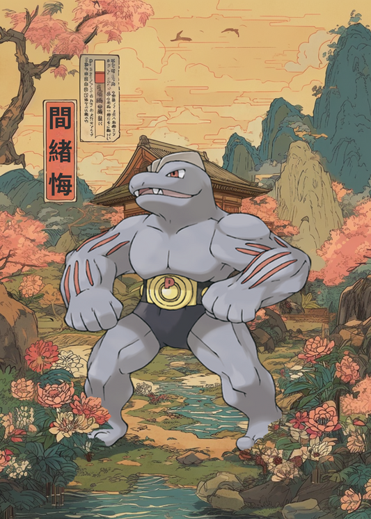 Machoke Pokemon character in a traditional Japanese setting with cherry blossoms and a temple.
