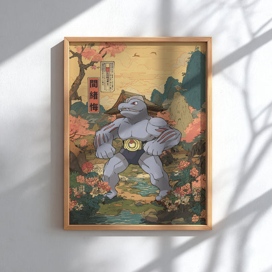 Framed artwork of Machoke Pokemon in a traditional Japanese setting with cherry blossoms and mountains.