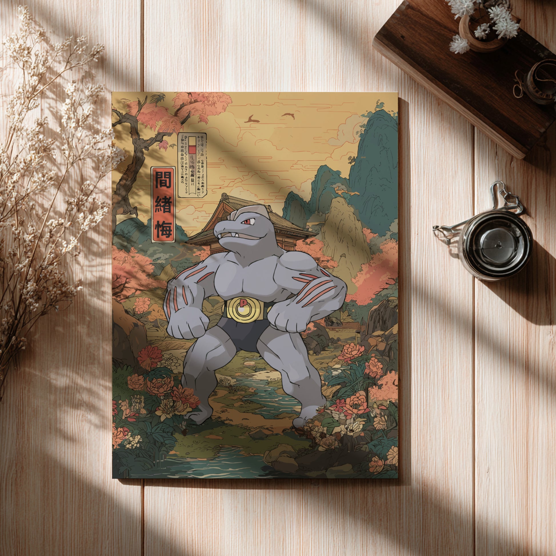 Machoke Pokemon character on a wooden board with floral and architectural elements, placed on a wooden surface.