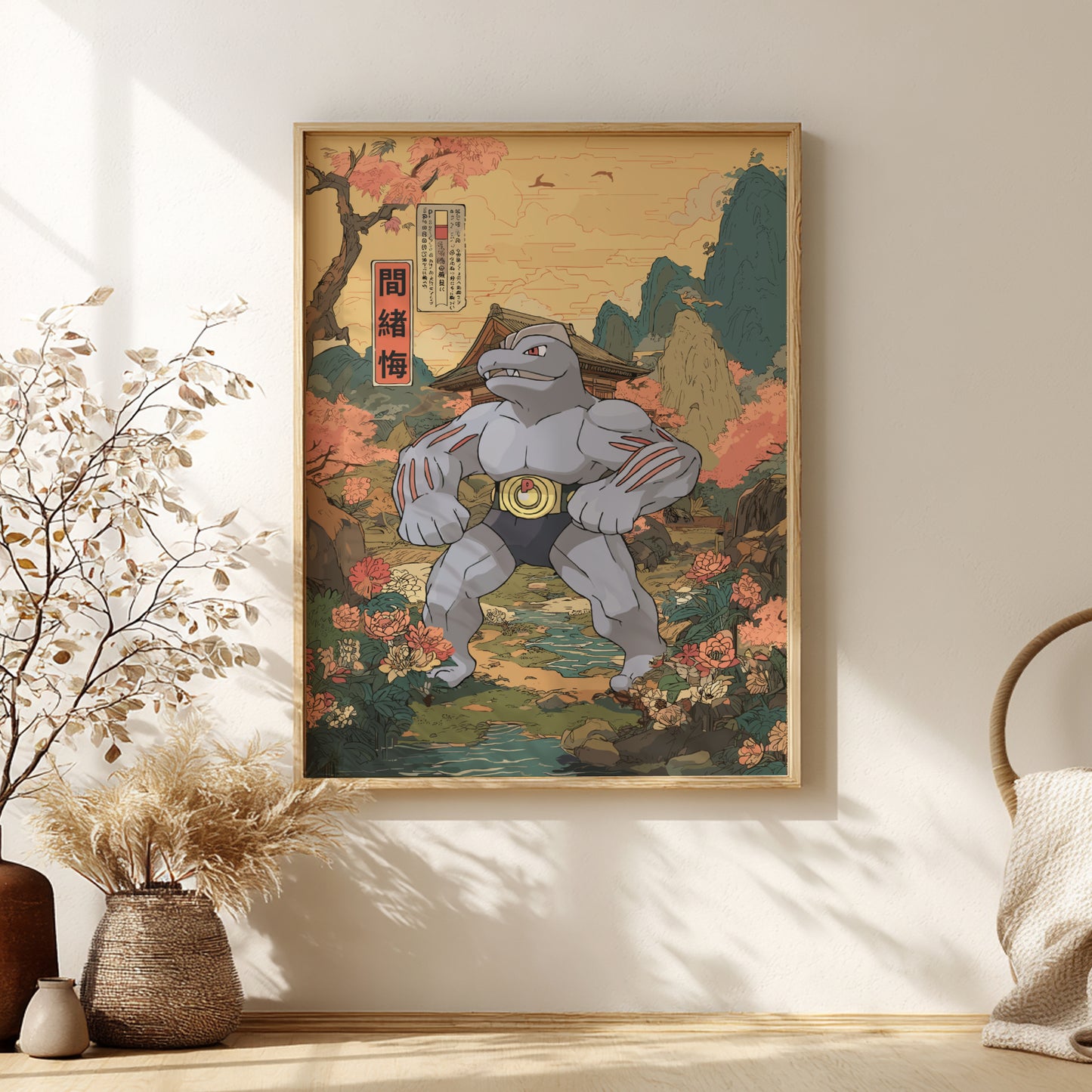 Framed artwork of a stylized Machoke Pokemon in a natural setting on a wall with decorative elements.