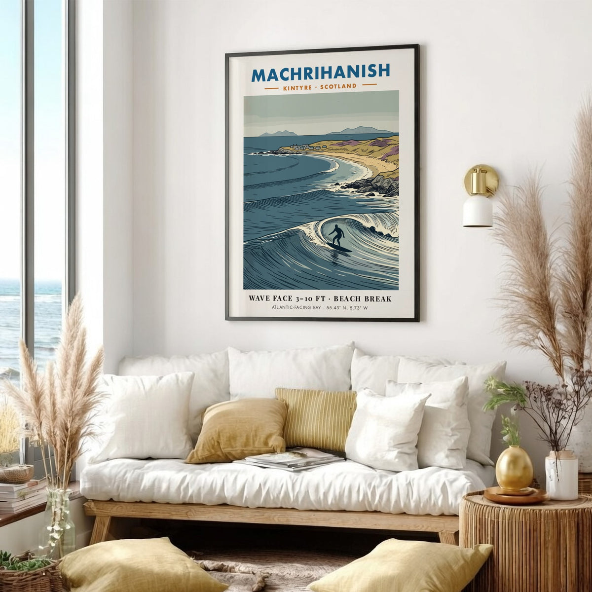 Poster featuring a surfer on a wave at Machrihanish beach in Scotland coastline.