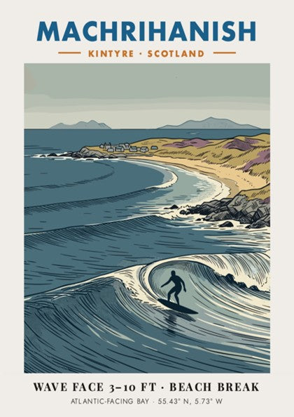 Poster featuring a surfer on a wave at Machrihanish beach in Scotland coastline.
