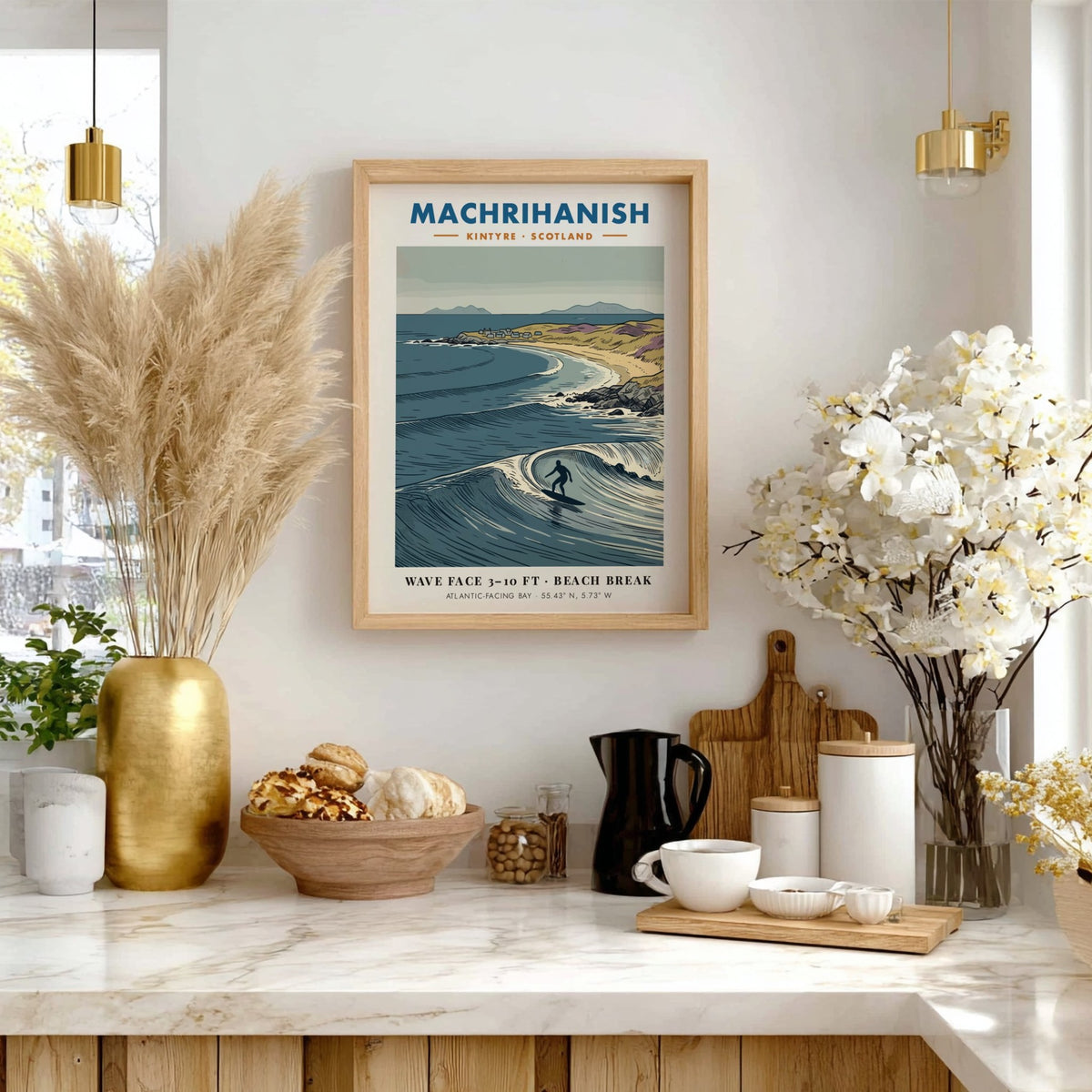 Poster featuring a surfer on a wave at Machrihanish beach in Scotland coastline.