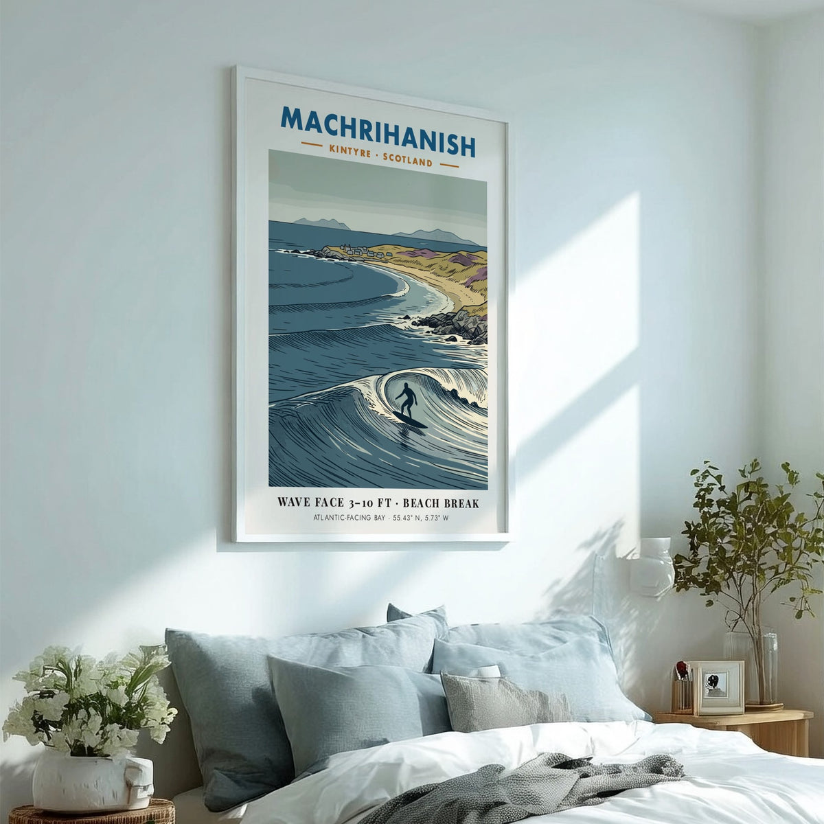 Poster featuring a surfer on a wave at Machrihanish beach in Scotland coastline.