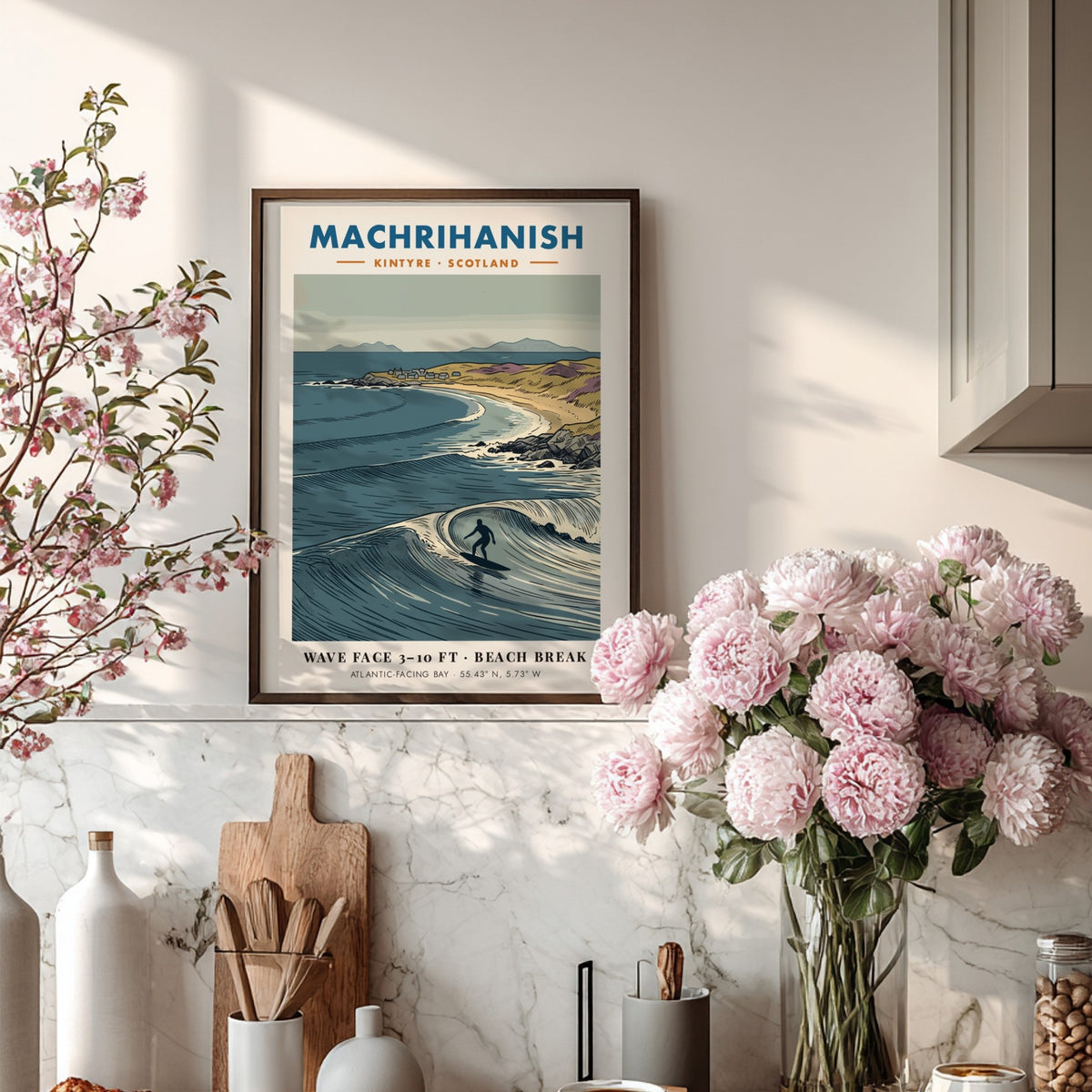 Poster featuring a surfer on a wave at Machrihanish beach in Scotland coastline.