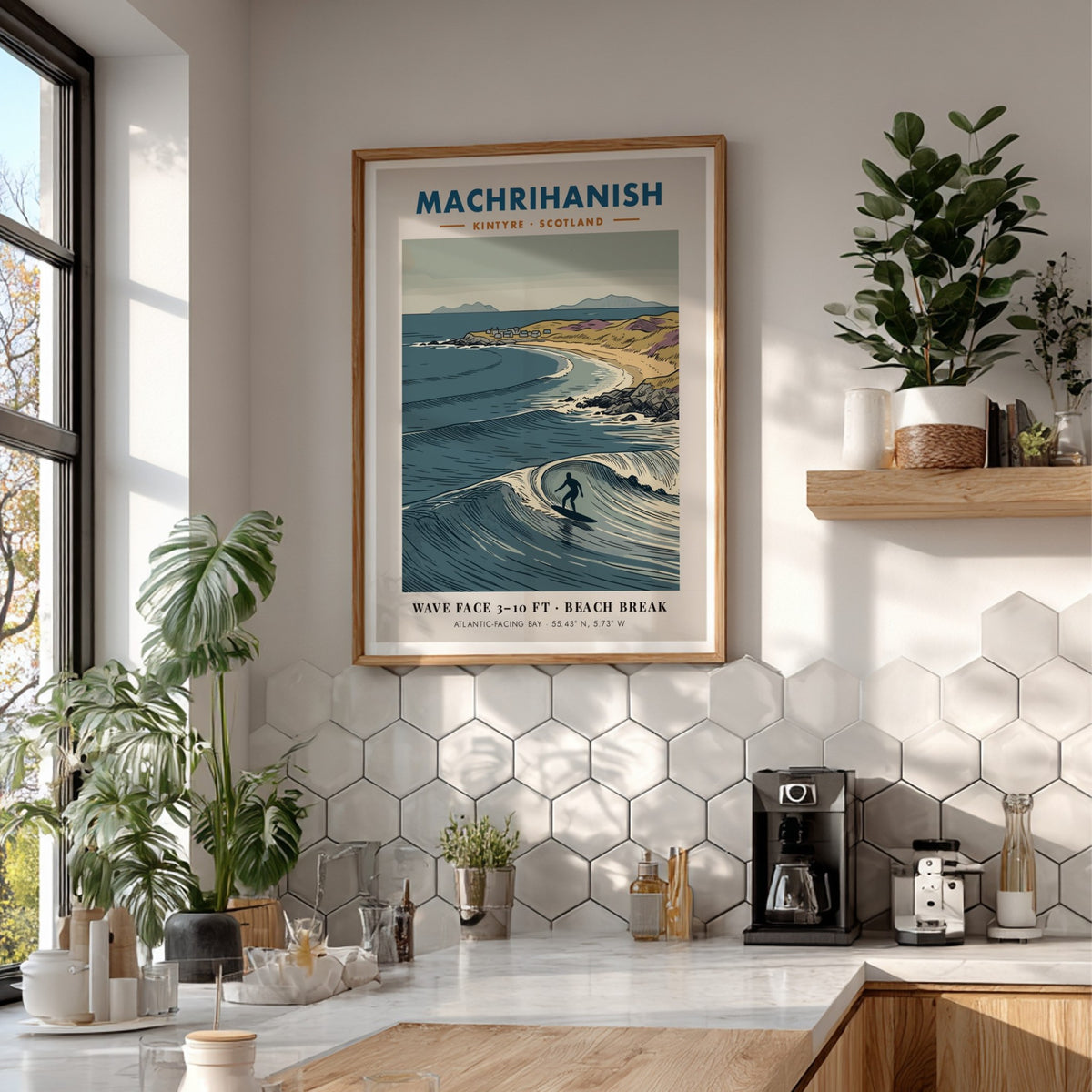 Poster featuring a surfer on a wave at Machrihanish beach in Scotland coastline.