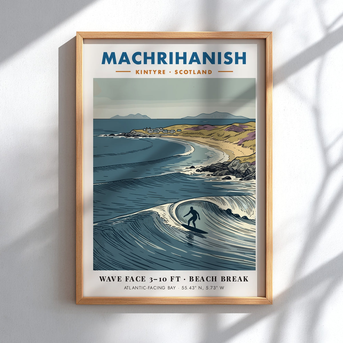 Poster featuring a surfer on a wave at Machrihanish beach in Scotland coastline.