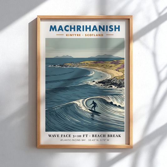 Poster featuring a surfer on a wave at Machrihanish beach in Scotland coastline.