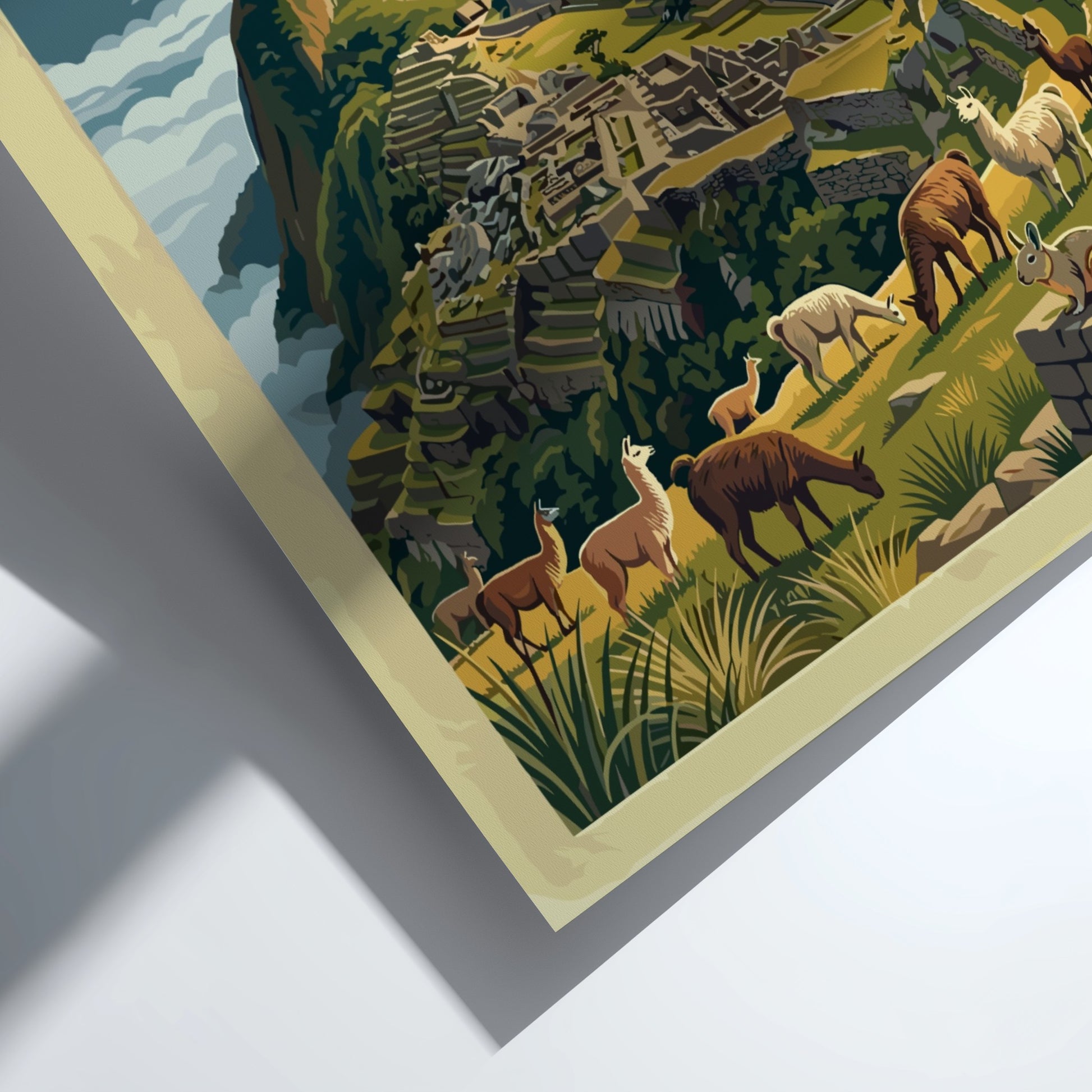 South America travel poster featuring the ruins of Machu Picchu with llamas and condors.