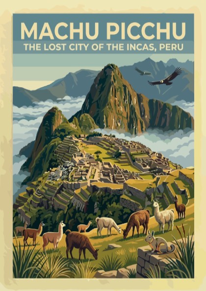 South America travel poster featuring the ruins of Machu Picchu with llamas and condors.