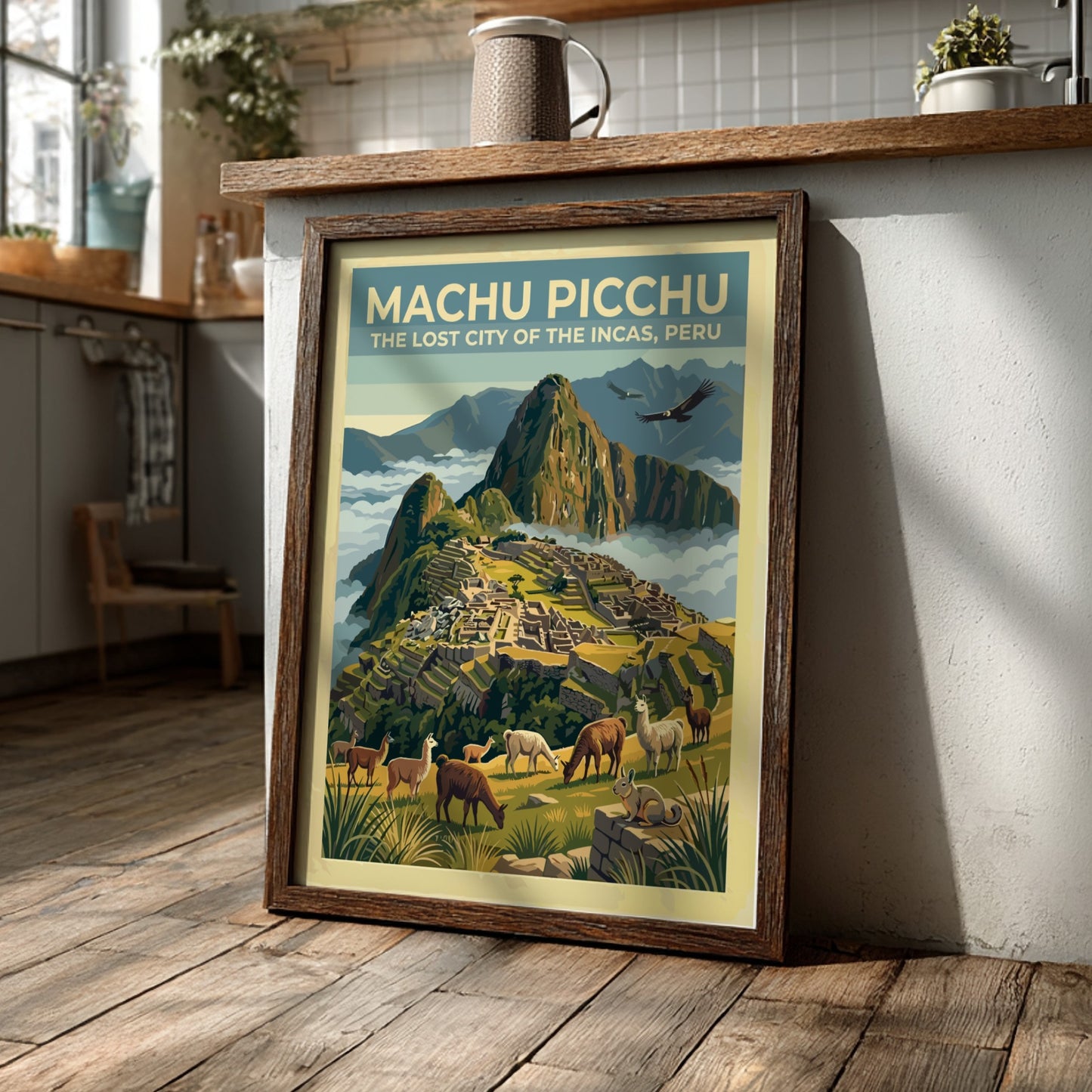South America travel poster featuring the ruins of Machu Picchu with llamas and condors.