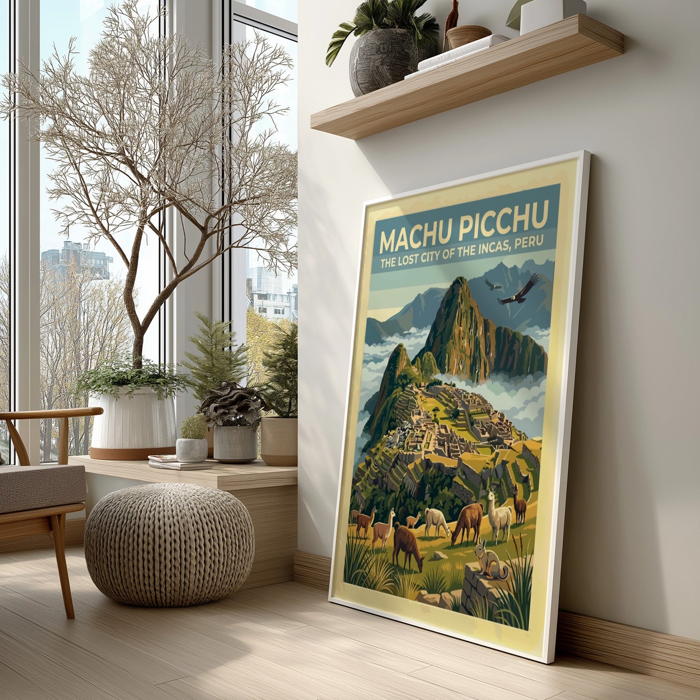 South America travel poster featuring the ruins of Machu Picchu with llamas and condors.