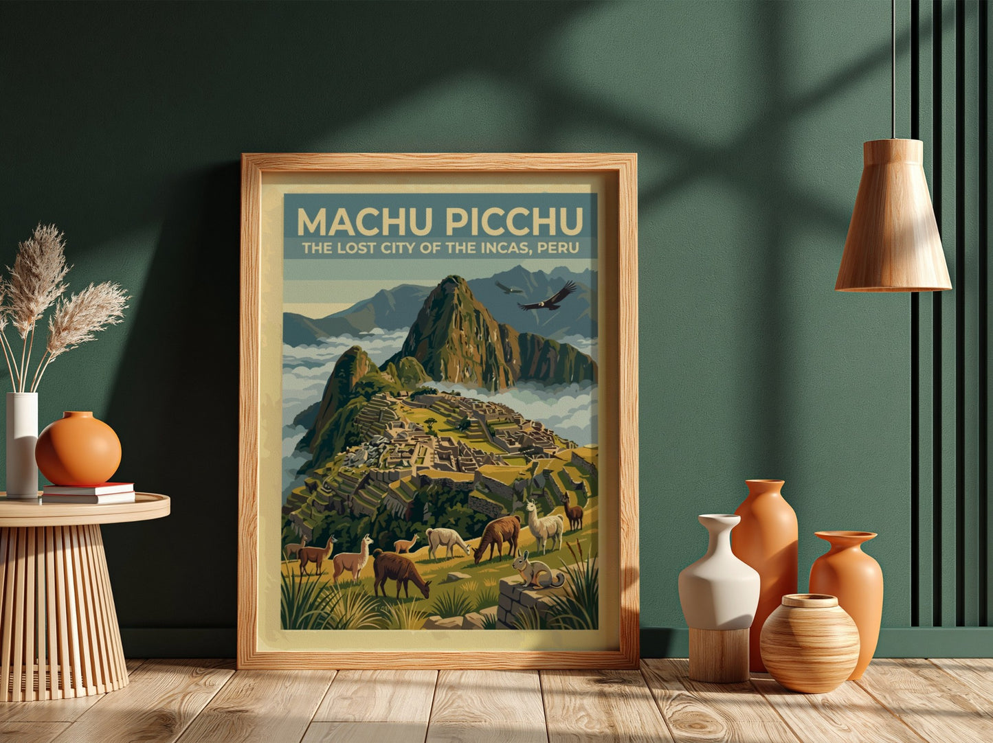 South America travel poster featuring the ruins of Machu Picchu with llamas and condors.