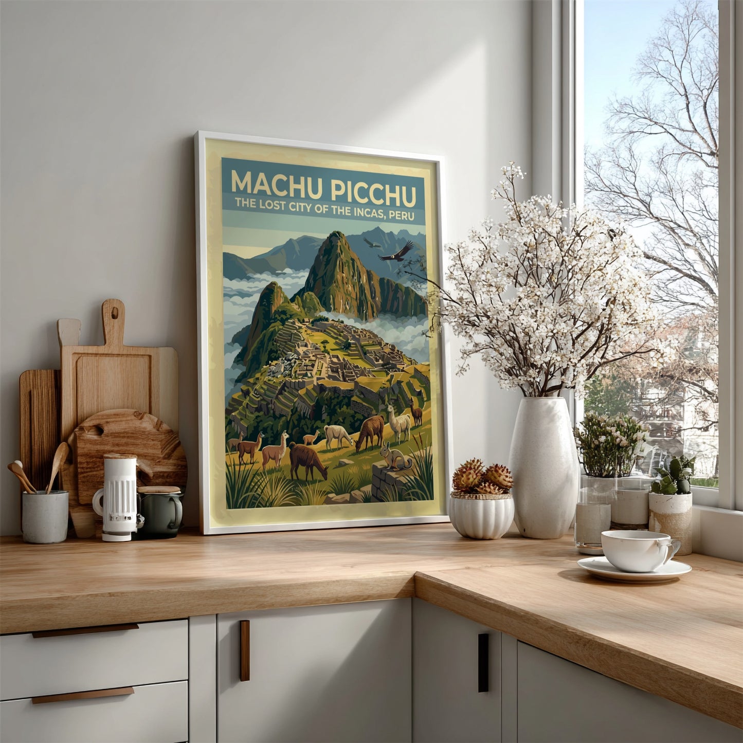 South America travel poster featuring the ruins of Machu Picchu with llamas and condors.