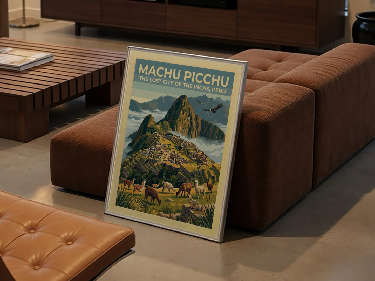 South America travel poster featuring the ruins of Machu Picchu with llamas and condors.