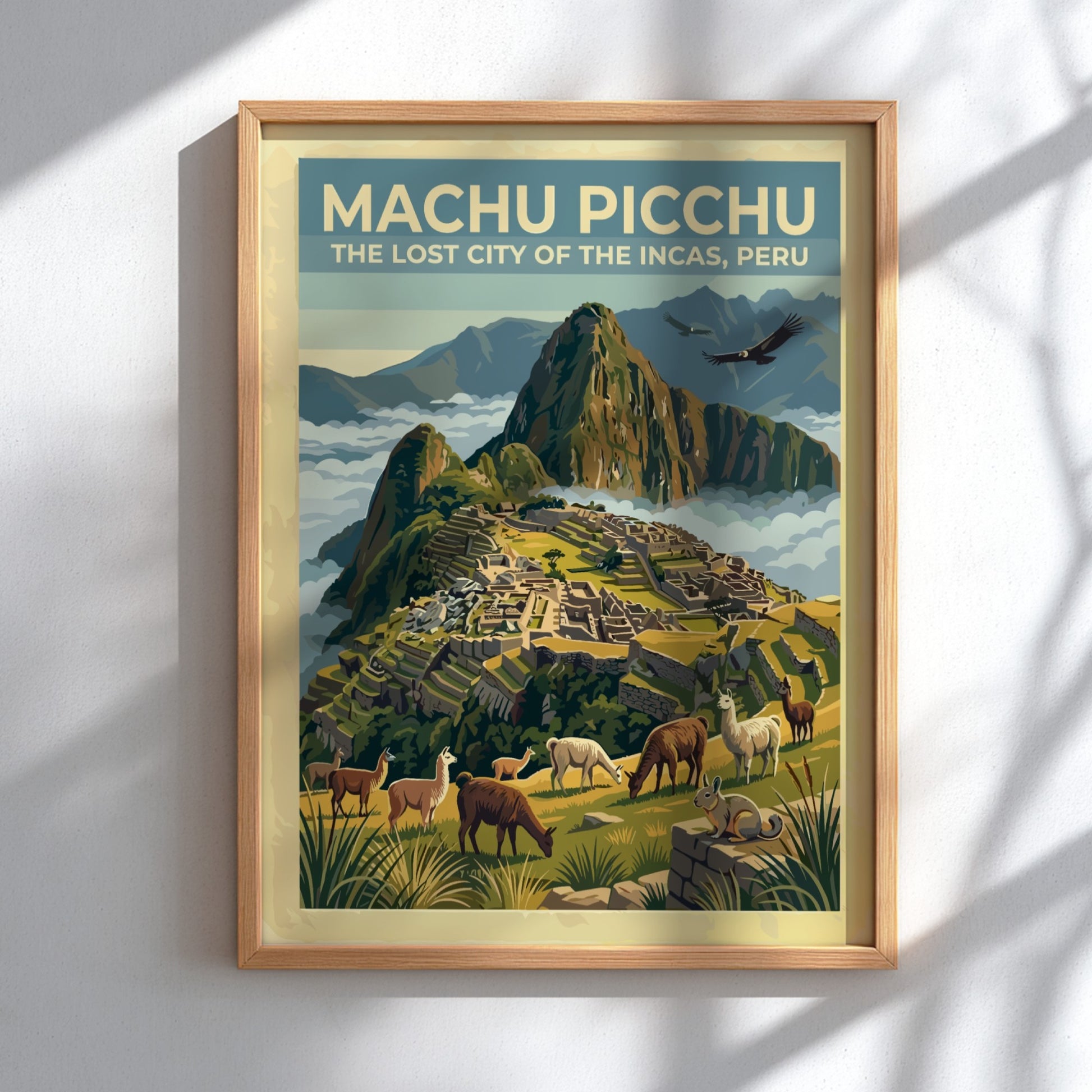 South America travel poster featuring the ruins of Machu Picchu with llamas and condors.